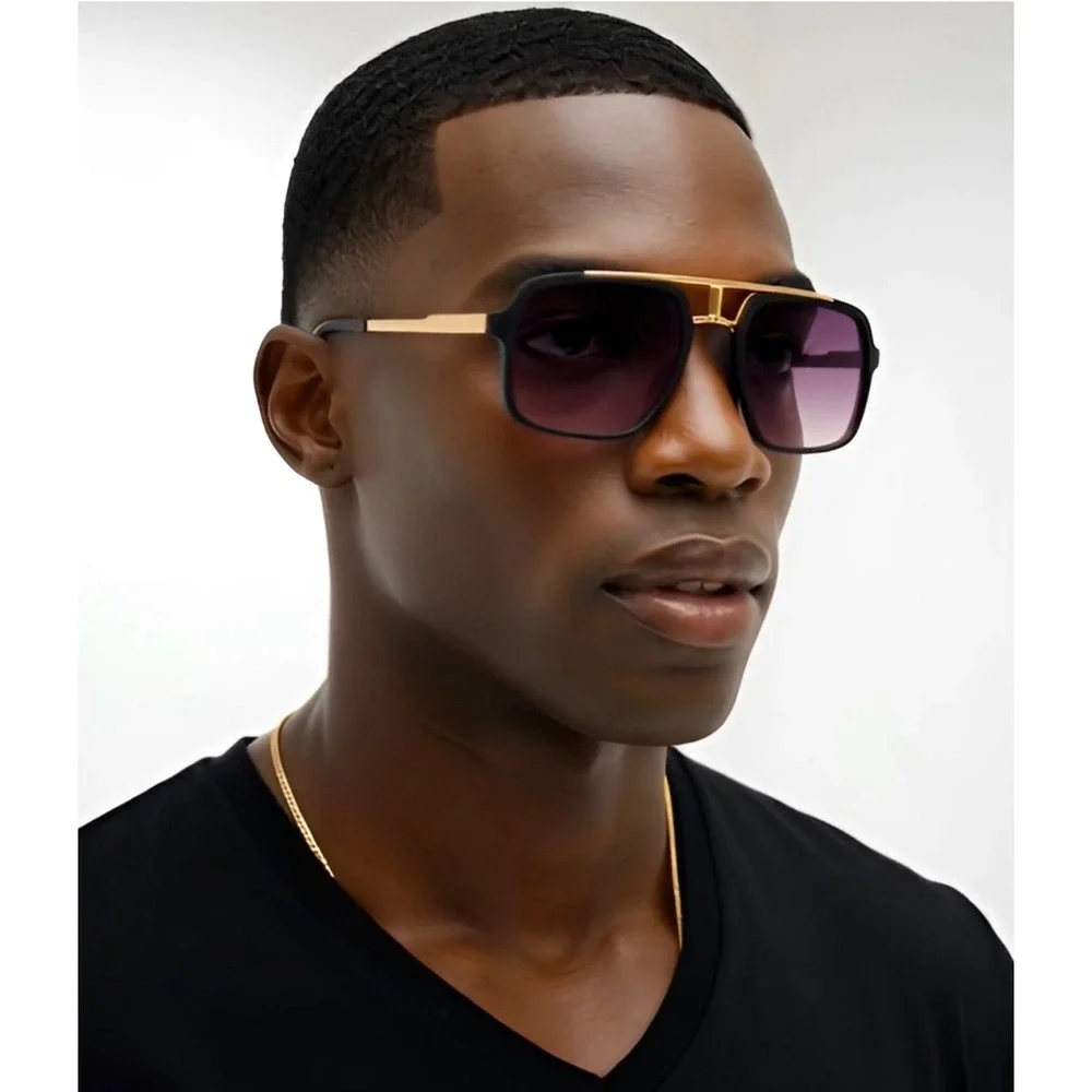Mens Oversized Square Hip Hop Sunglasses Black Gold Double Bridge Gradient Lens